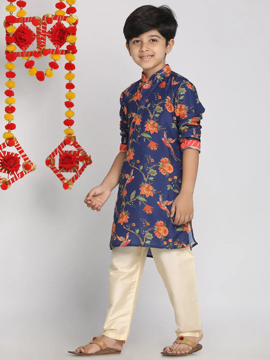 Boys' Multicolor-Base-Navy Blue And Cream Kurta Pyjama Set