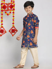 Vastramay - Boys' Multicolor-Base-Navy Blue And Cream Kurta Pyjama Set