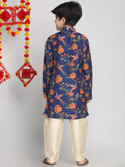 Vastramay - Boys' Multicolor-Base-Navy Blue And Cream Kurta Pyjama Set