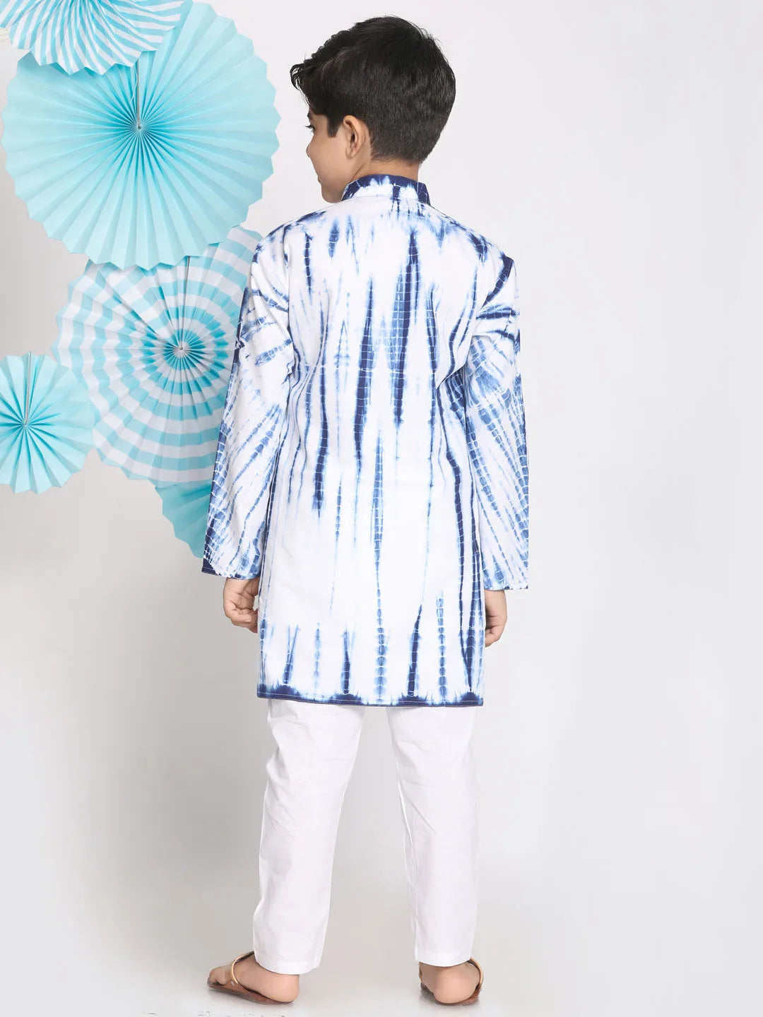 Boys' Blue And White Kurta Pyjama Set