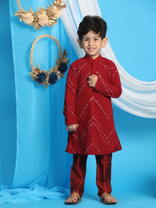 Boys' Maroon Mirror Work Kurta And Pyjama