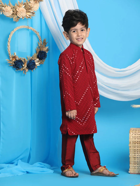 Boys' Maroon Mirror Work Kurta And Pyjama