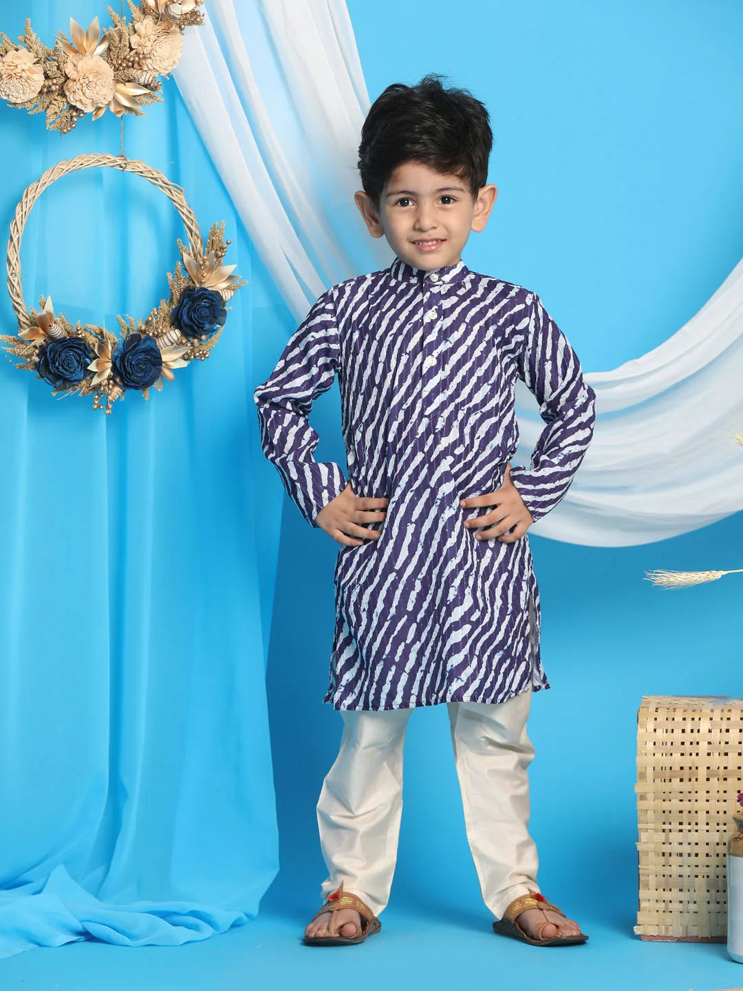 Boys' Blue And Cream Kurta Pyjama Set