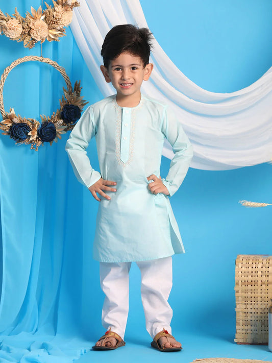 Boys' Aqua blue and White Kurta Pyjama Set