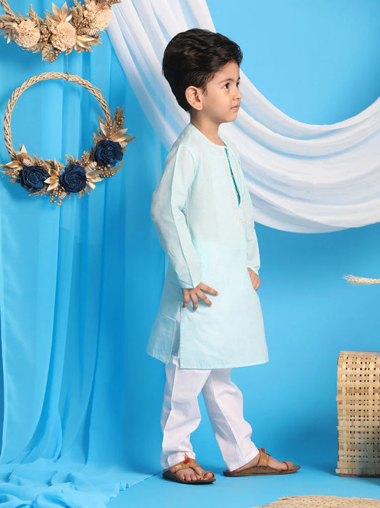 Boys' Aqua blue and White Kurta Pyjama Set