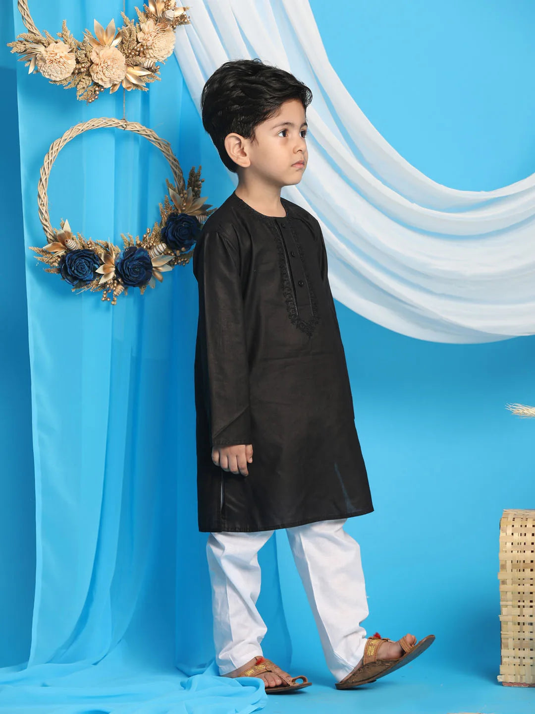 Boys' Black and White Kurta Pyjama Set