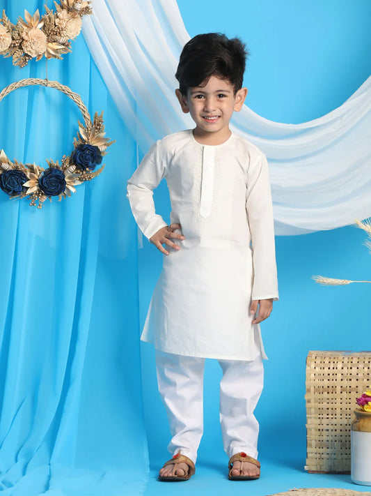 Boys' Cream and White Kurta Pyjama Set