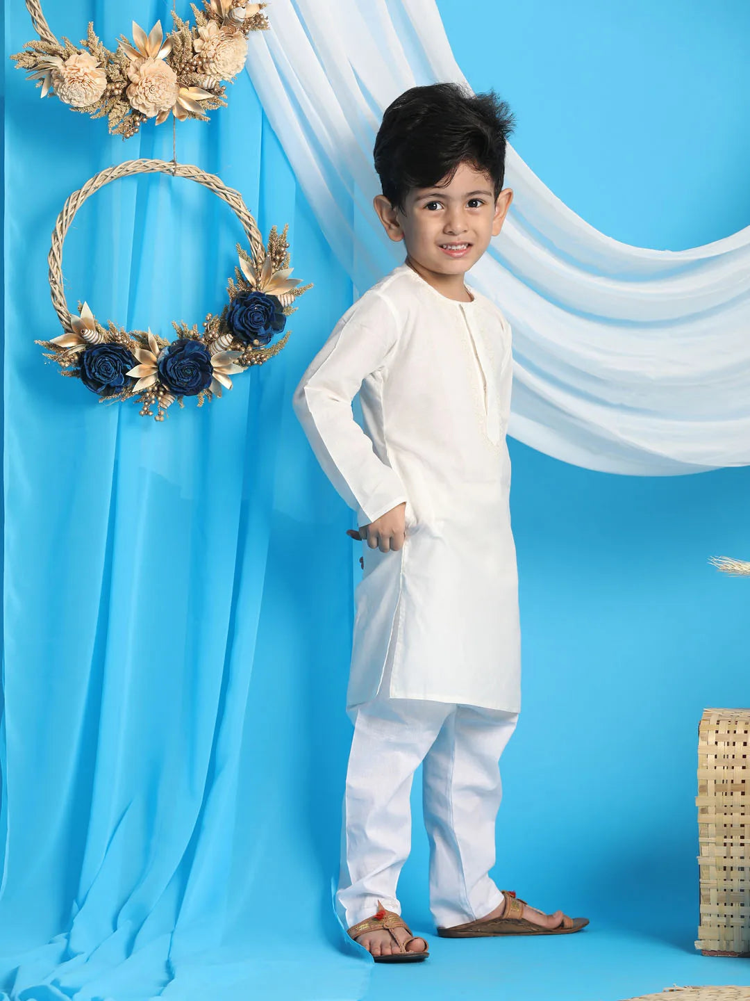 Boys' Cream and White Kurta Pyjama Set