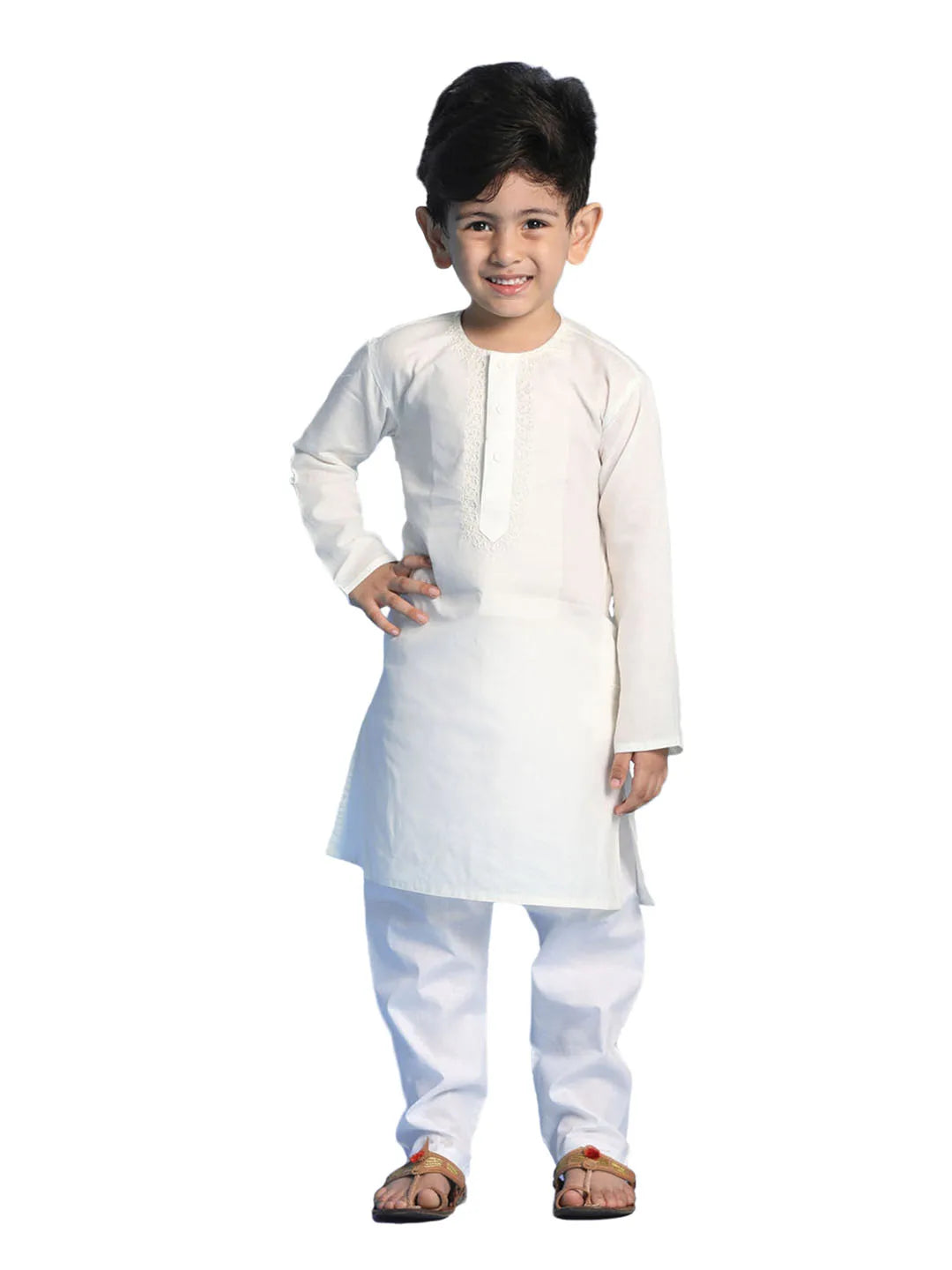 Boys' Cream and White Kurta Pyjama Set