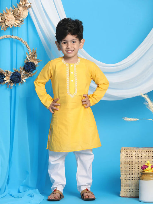 Vastramay - Boys' Yellow and White Kurta Pyjama Set