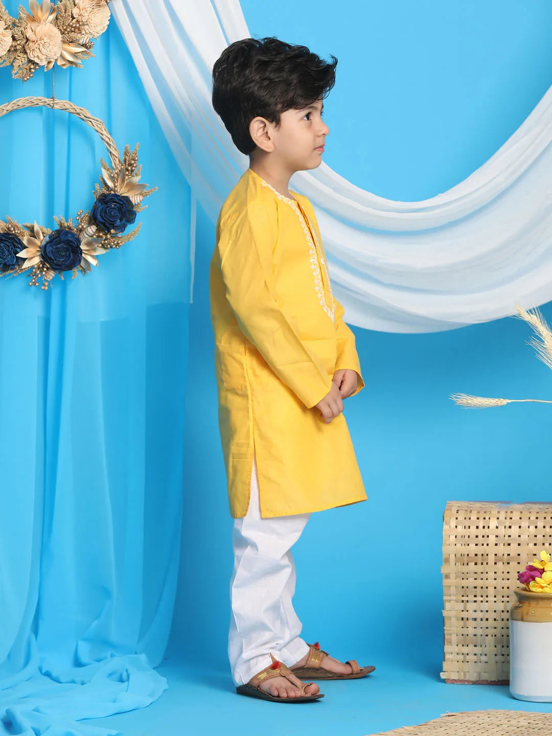 Boys' Yellow and White Kurta Pyjama Set