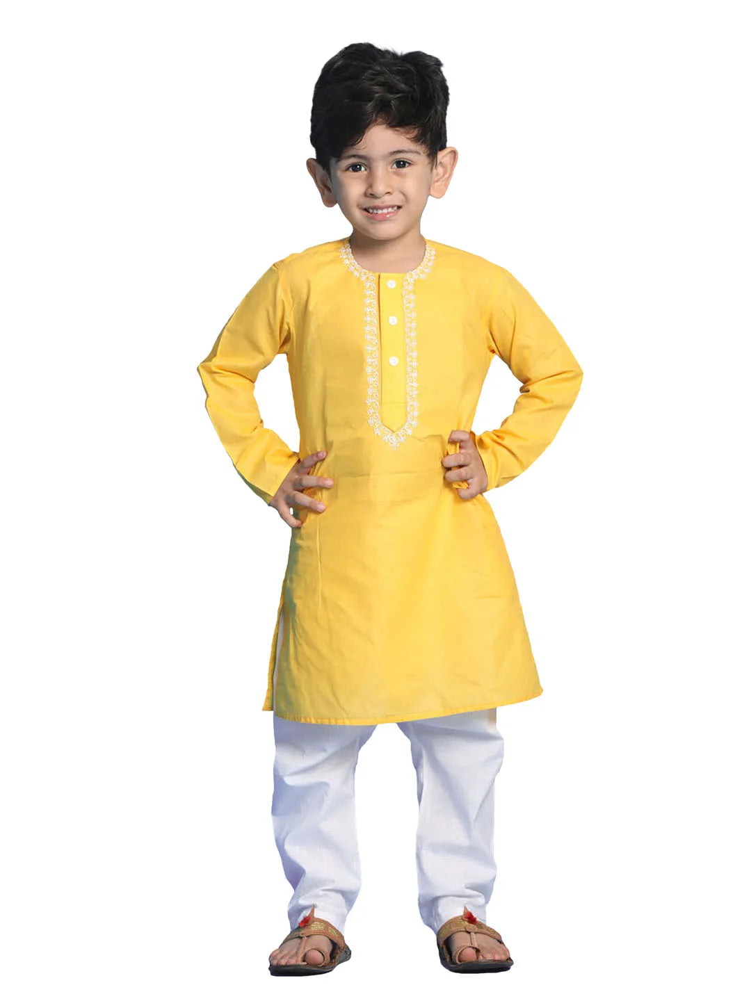 Boys' Yellow and White Kurta Pyjama Set