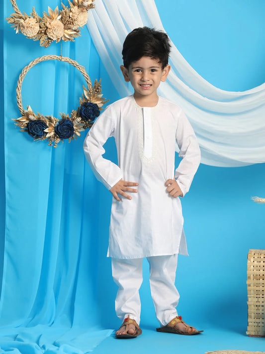 Boys' White and White Kurta Pyjama Set