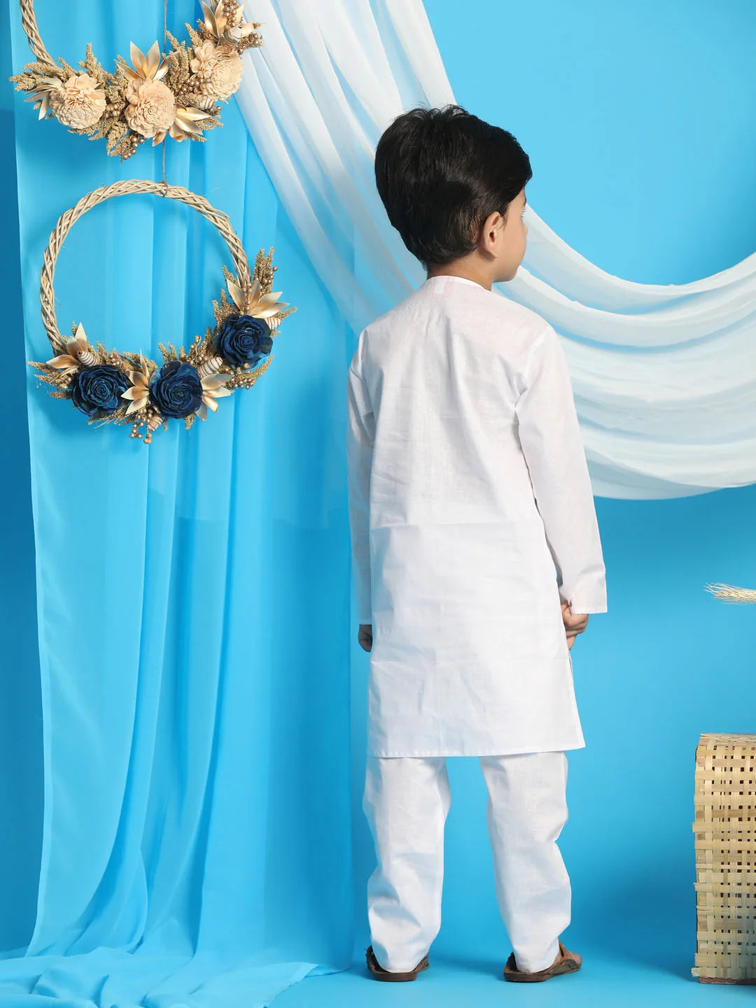 Boys' White and White Kurta Pyjama Set