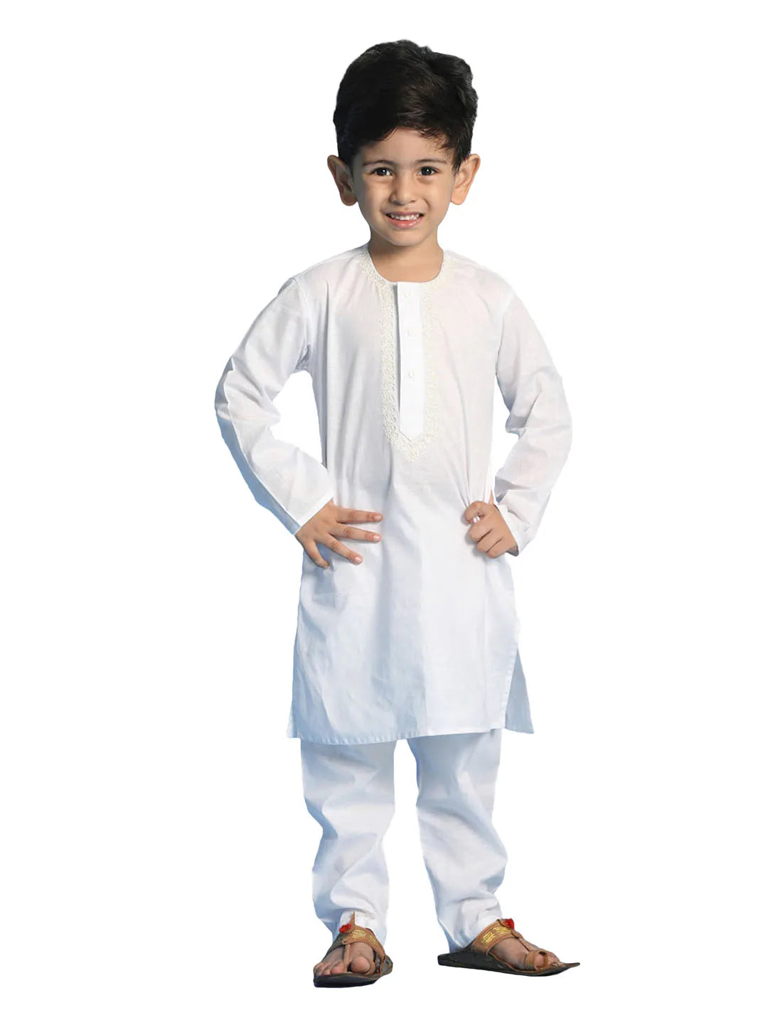 Boys' White and White Kurta Pyjama Set