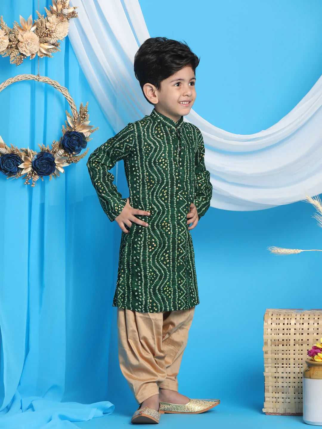 Boys' Green and Rose Gold Kurta Patiala Set