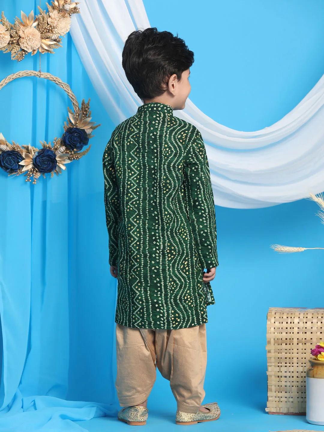 Boys' Green and Rose Gold Kurta Patiala Set