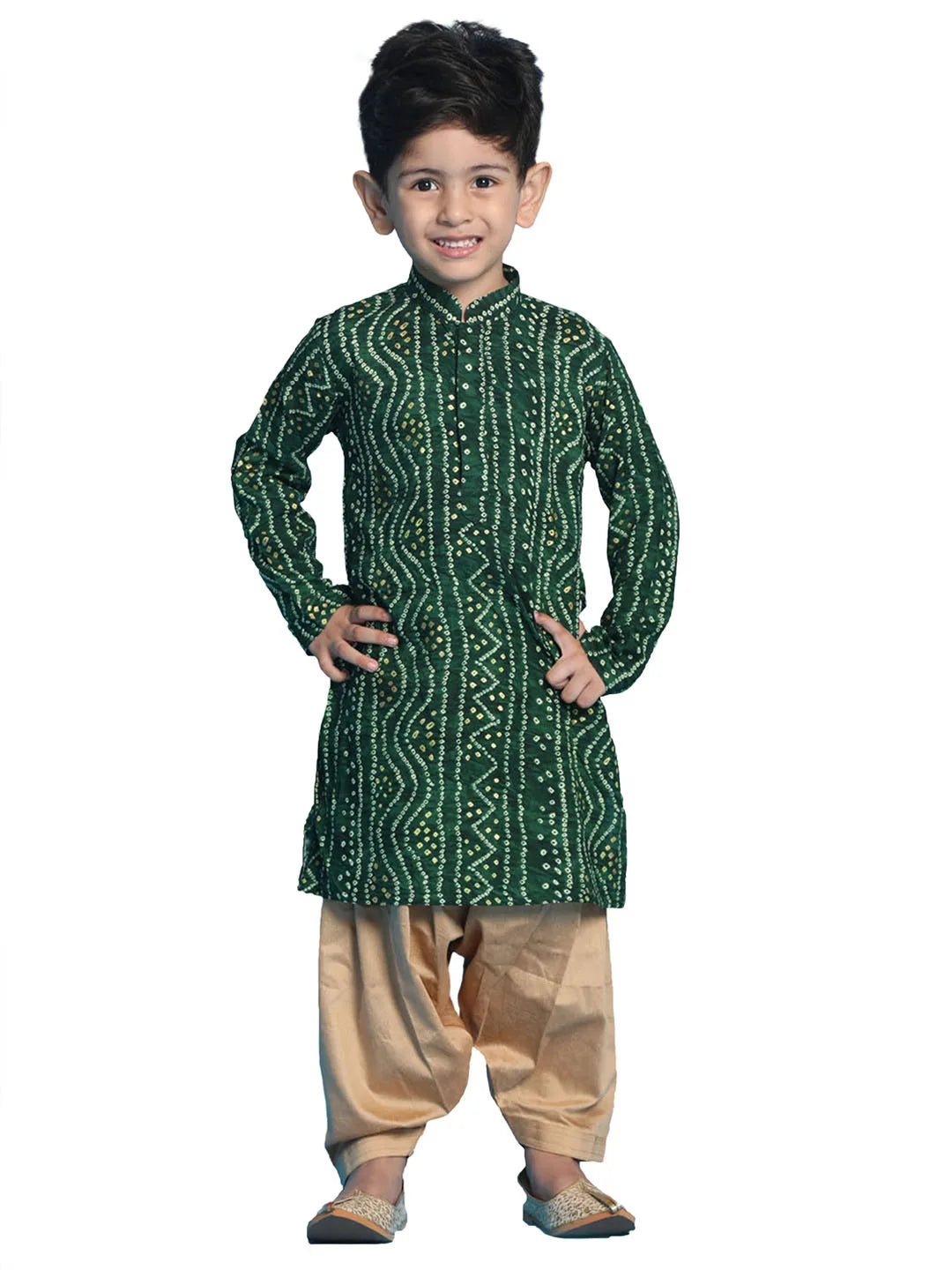 Boys' Green and Rose Gold Kurta Patiala Set