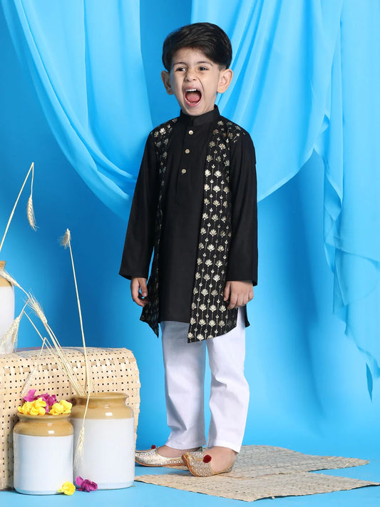 Boys' Black and White Kurta Pyjama Set