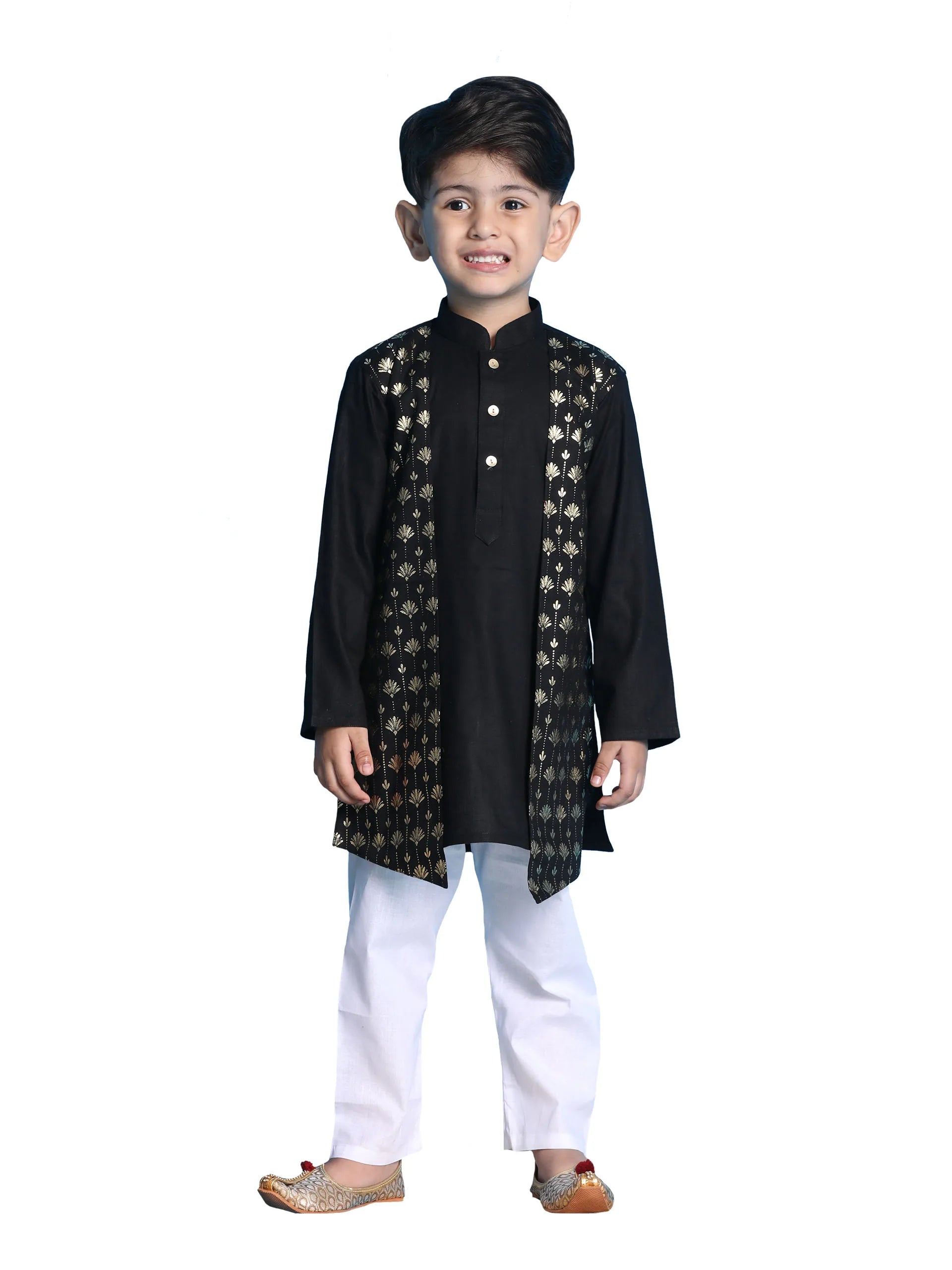 Boys' Black and White Kurta Pyjama Set