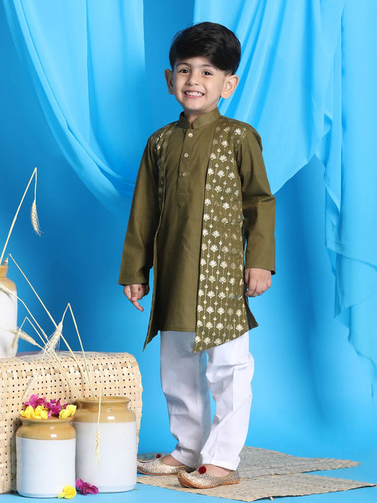 Boys' Green and White Kurta Pyjama Set