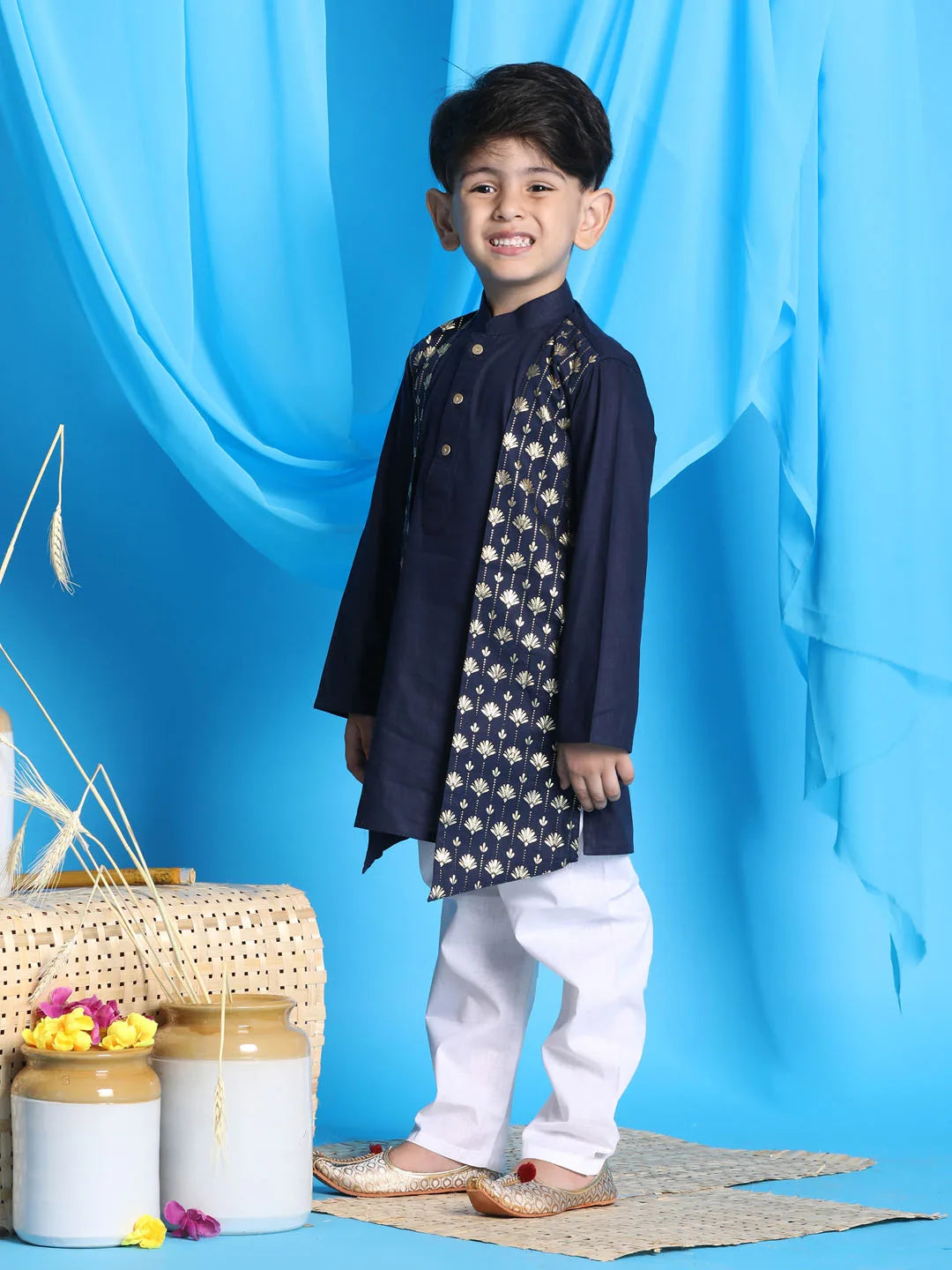 Boys' Navy Blue and White Kurta Pyjama Set