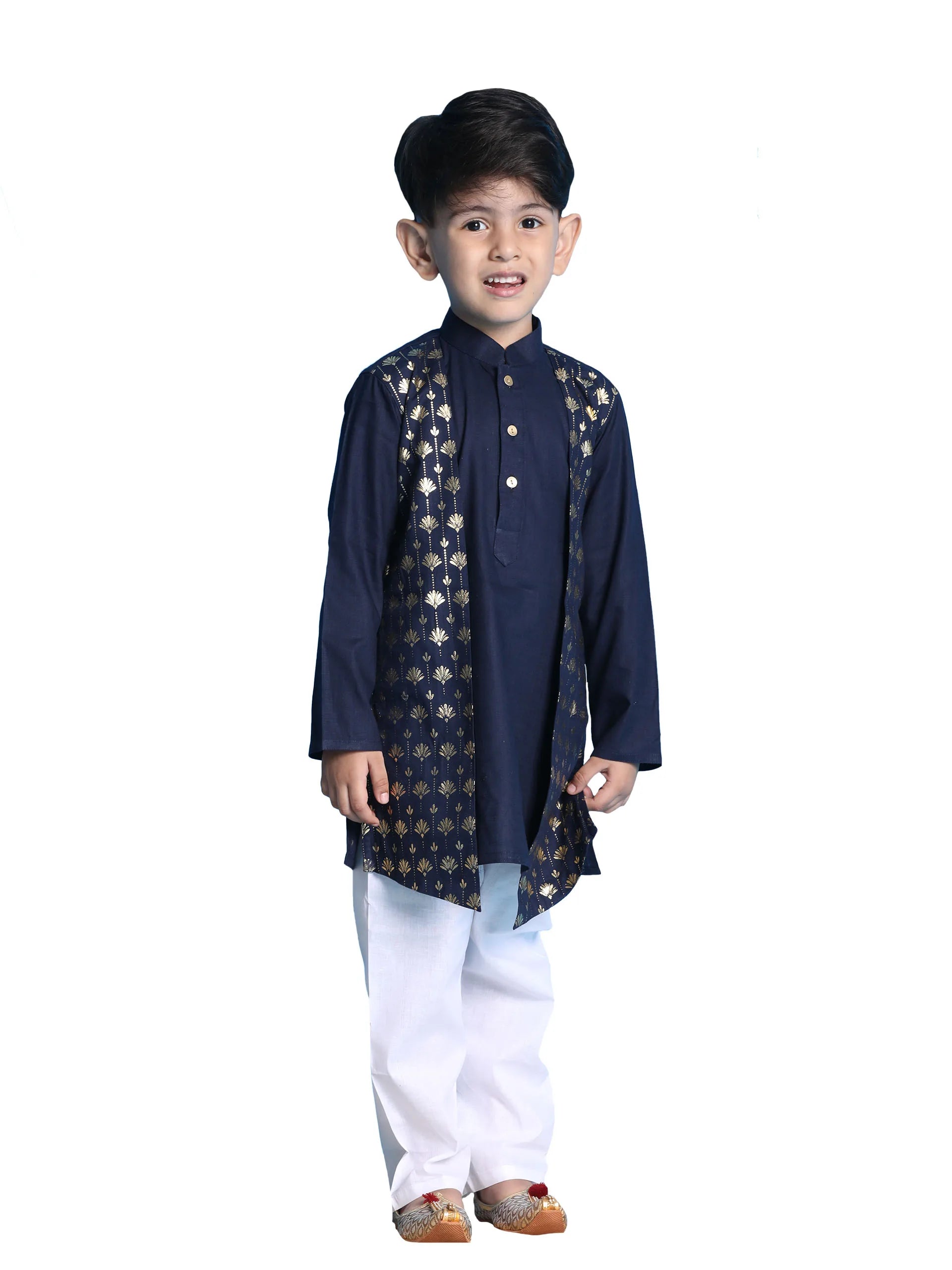 Boys' Navy Blue and White Kurta Pyjama Set