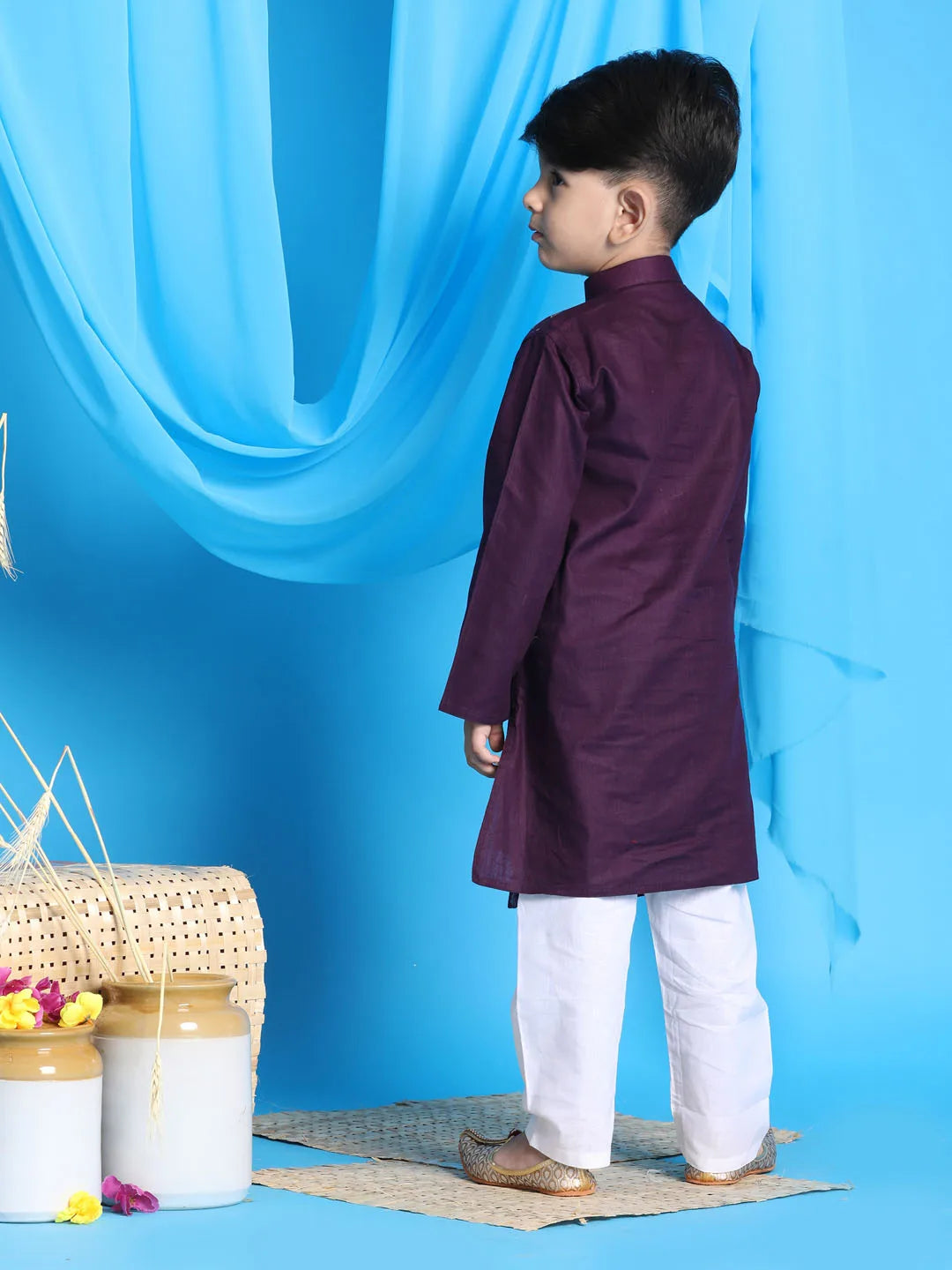 Boys' Purple and White Kurta Pyjama Set