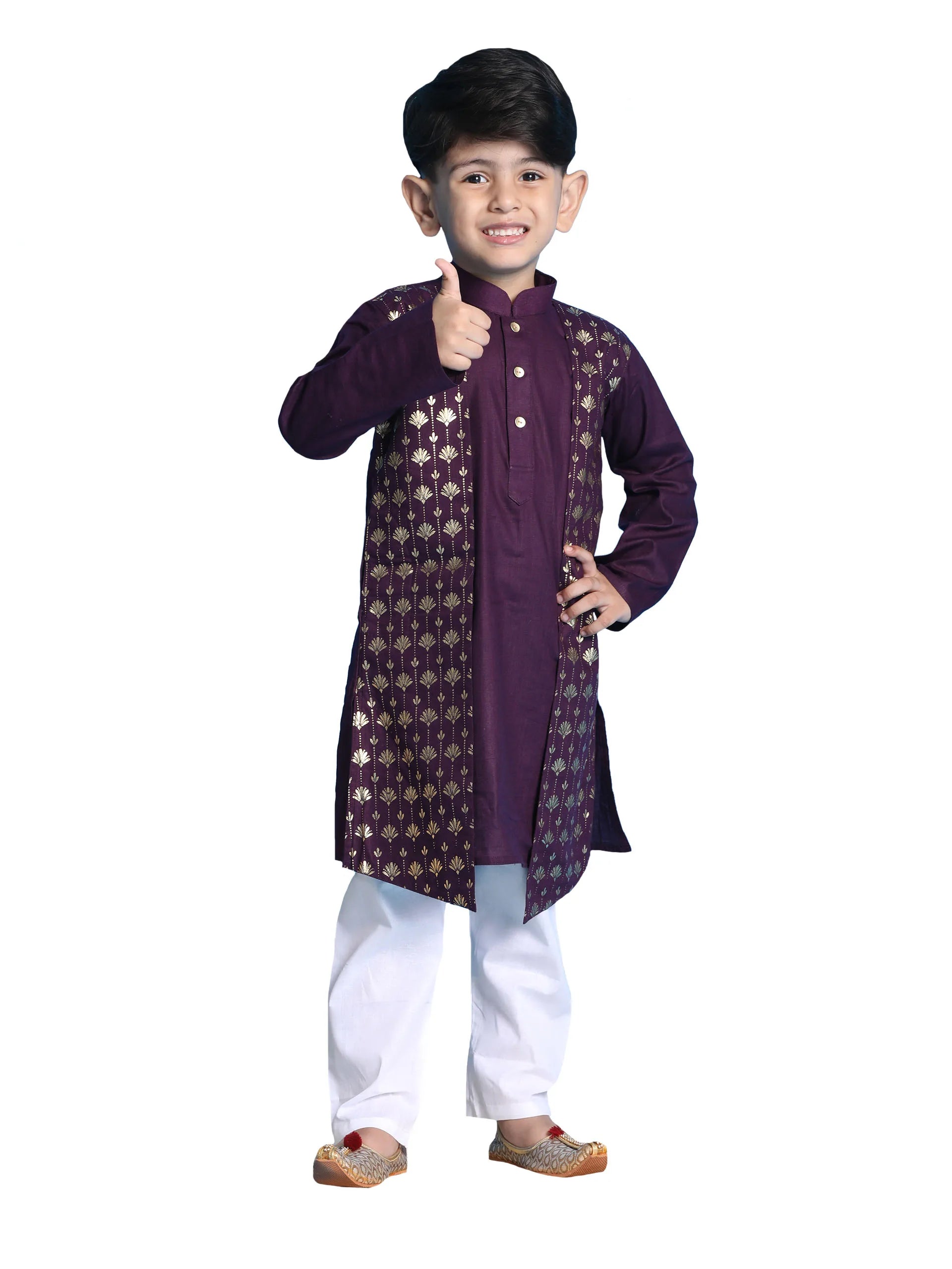 Boys' Purple and White Kurta Pyjama Set