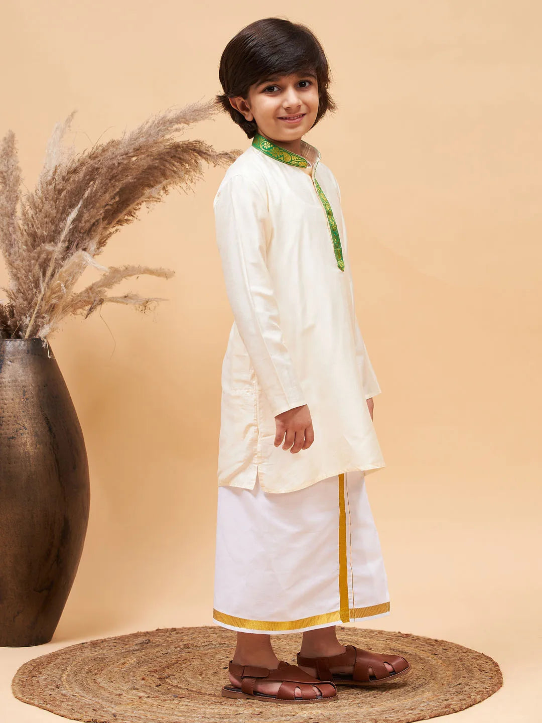 Boys' Cream Kurta And Mundu Set