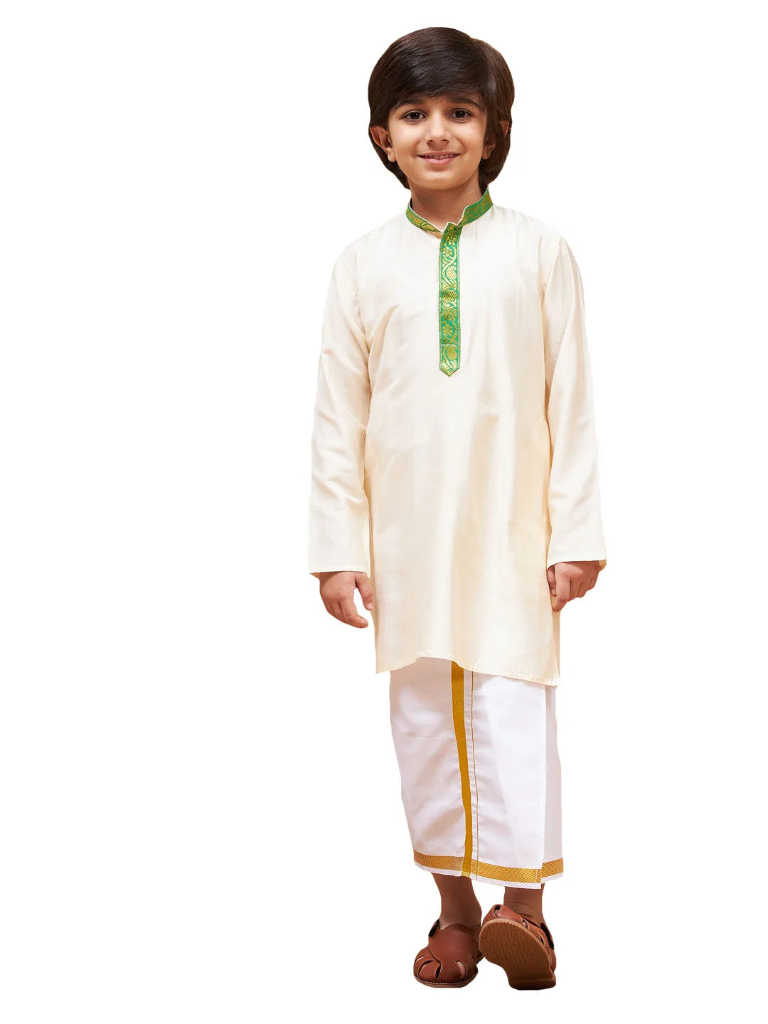 Boys' Cream Kurta And Mundu Set