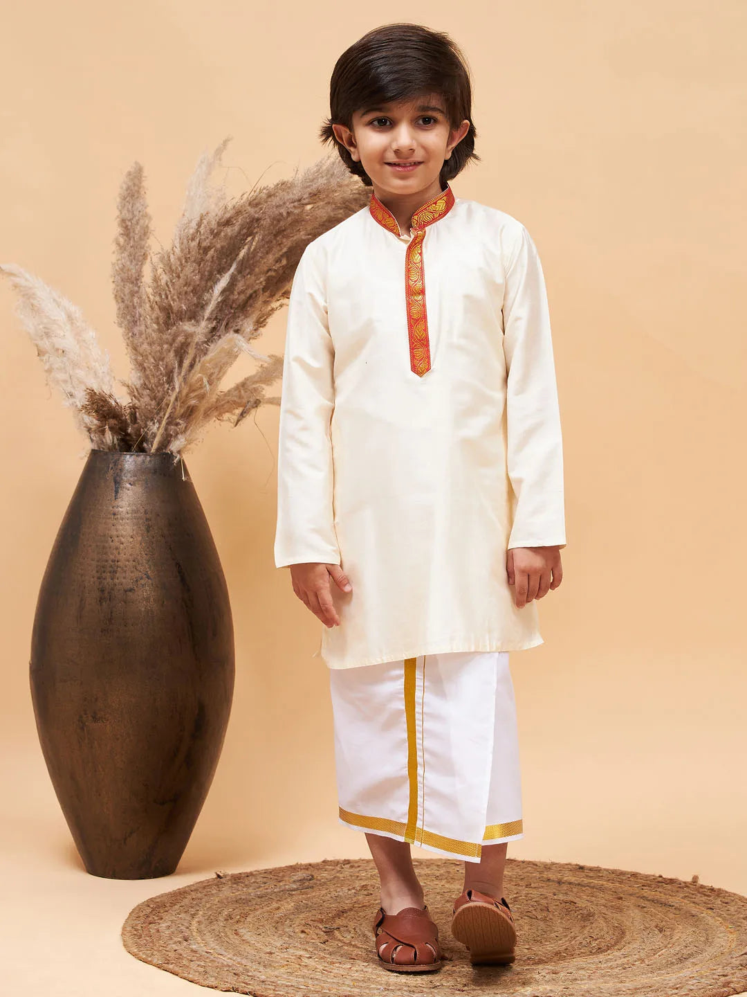 Boys' Cream Kurta And Mundu Set