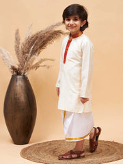 Boys' Cream Kurta And Mundu Set