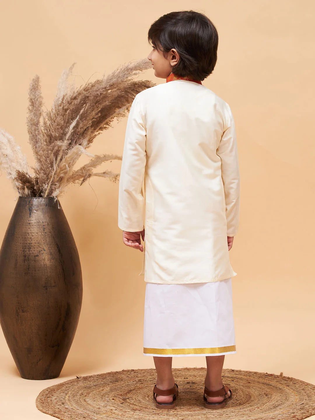 Boys' Cream Kurta And Mundu Set