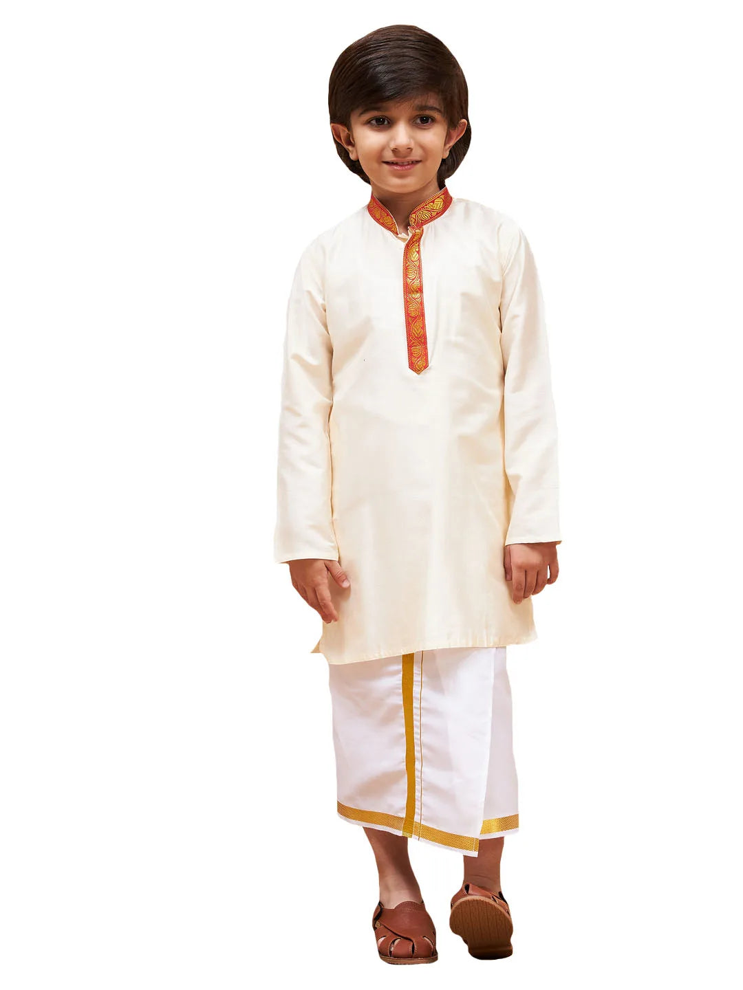 Boys' Cream Kurta And Mundu Set