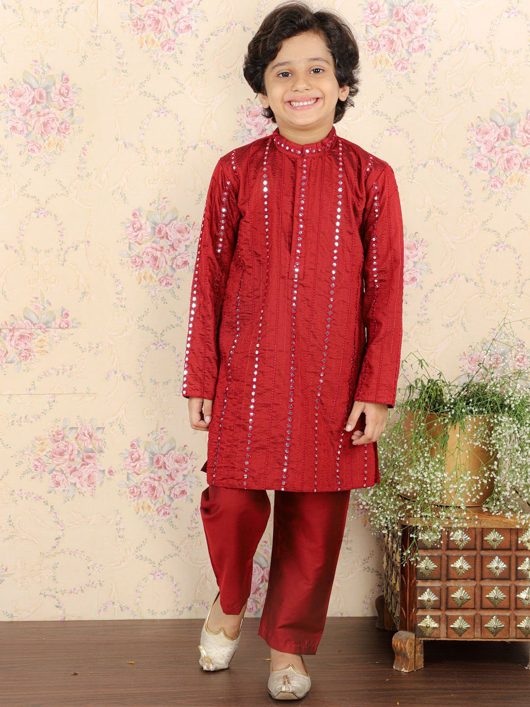 Boys' Maroon Kurta Pyjama Set