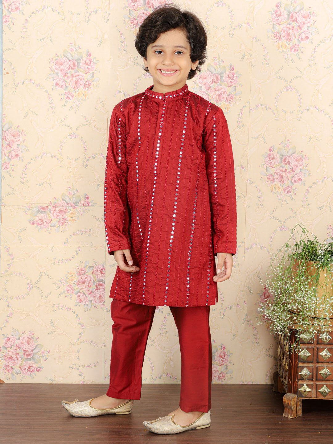 Boys' Maroon Kurta Pyjama Set