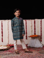 Boys' Navy Blue And Cream Kurta Pyjama Set