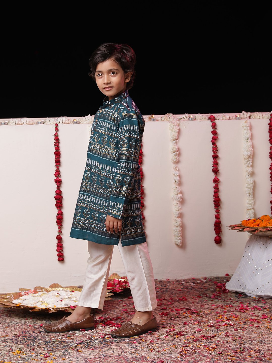 Boys' Navy Blue And Cream Kurta Pyjama Set