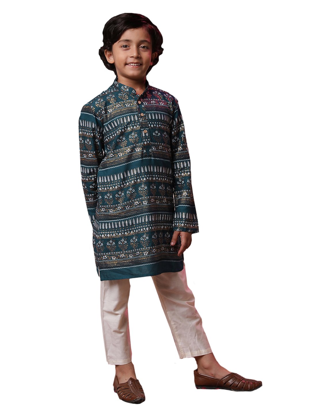 Boys' Navy Blue And Cream Kurta Pyjama Set