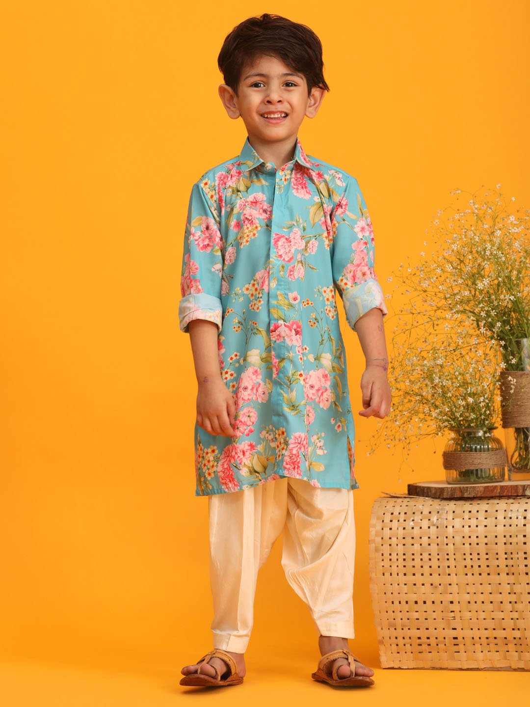 Boys' Multicolor Base Aqua Kurta Patiala Set