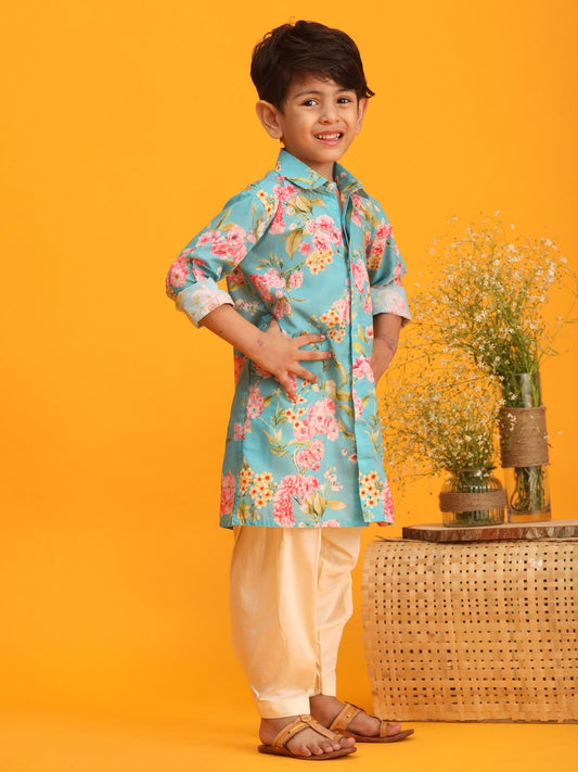 Boys' Multicolor Base Aqua Kurta Patiala Set