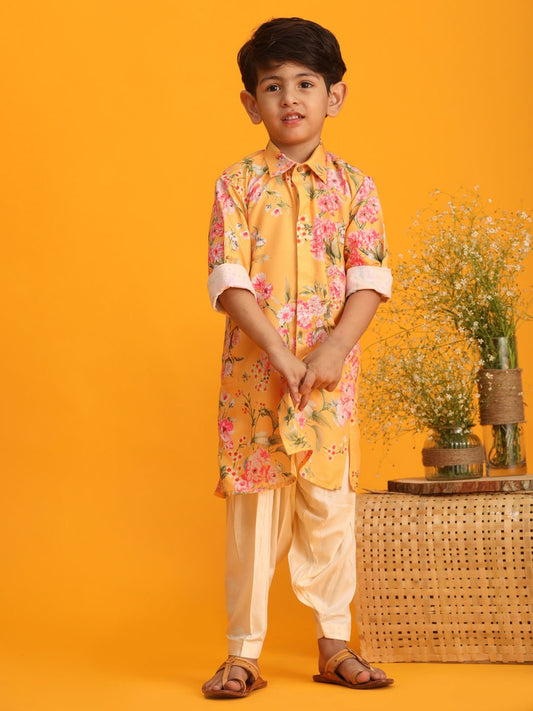 Boys' Multicolor Base Yellow Kurta Patiala Set