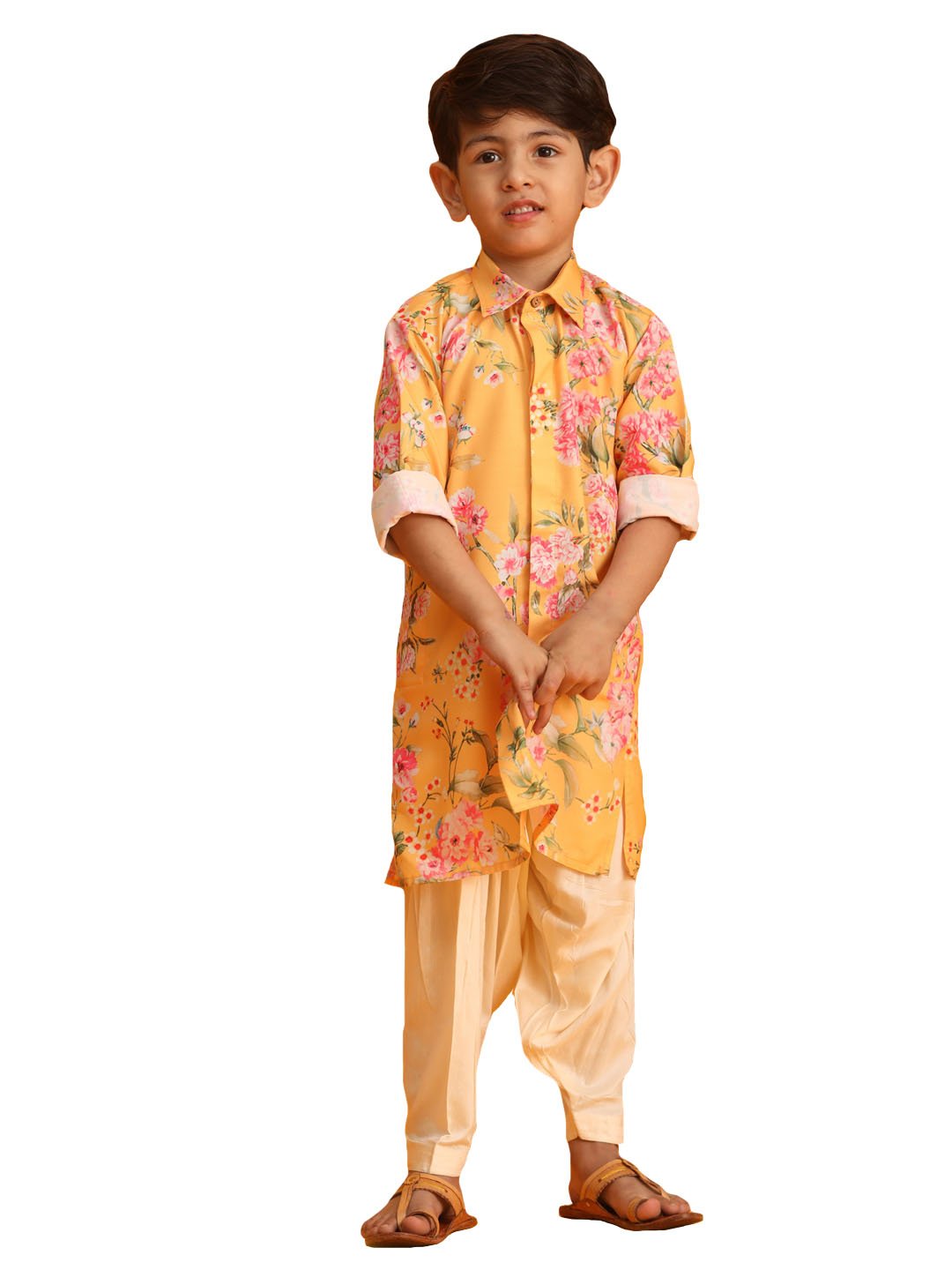 Boys' Multicolor Base Yellow Kurta Patiala Set