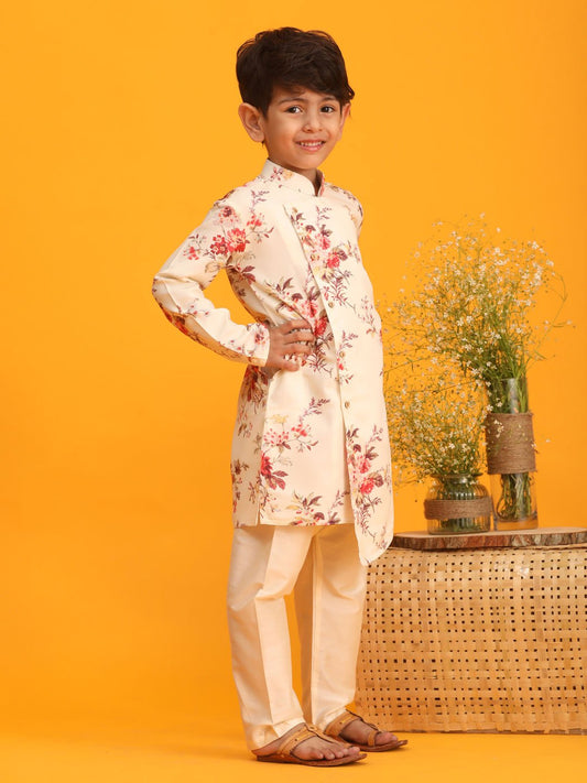 Boys' Multicolor Base Cream Kurta Pyjama Set