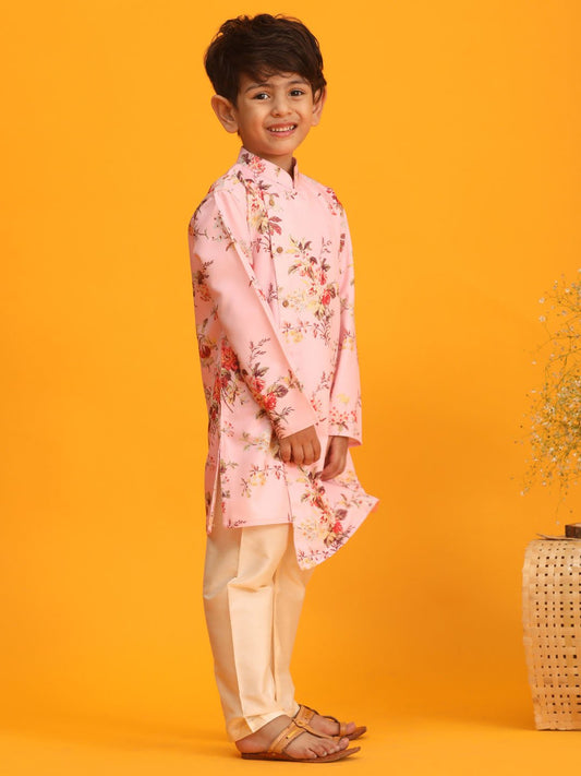 Boys' Multicolor Base Pink Kurta Pyjama Set