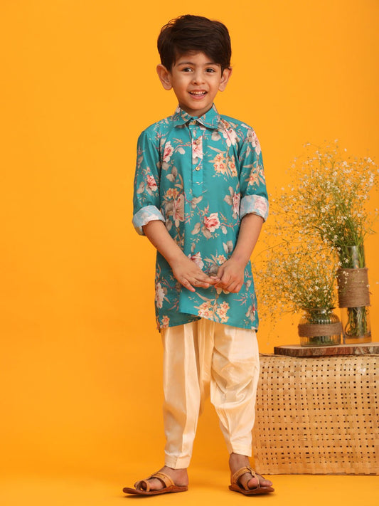 Boys' Multicolor Base Turquoise Kurta Patiala Set