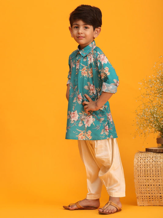 Boys' Multicolor Base Turquoise Kurta Patiala Set