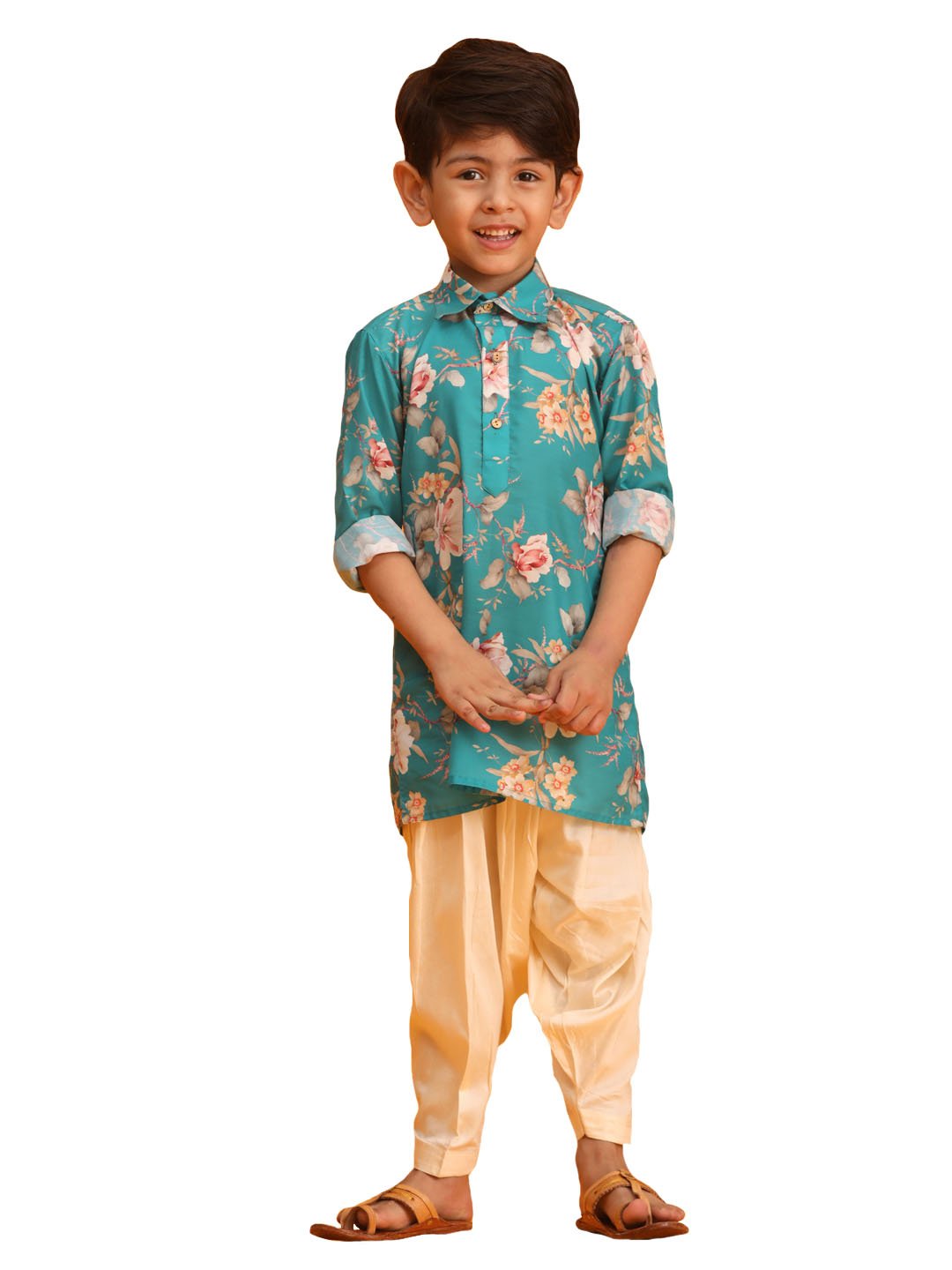 Boys' Multicolor Base Turquoise Kurta Patiala Set