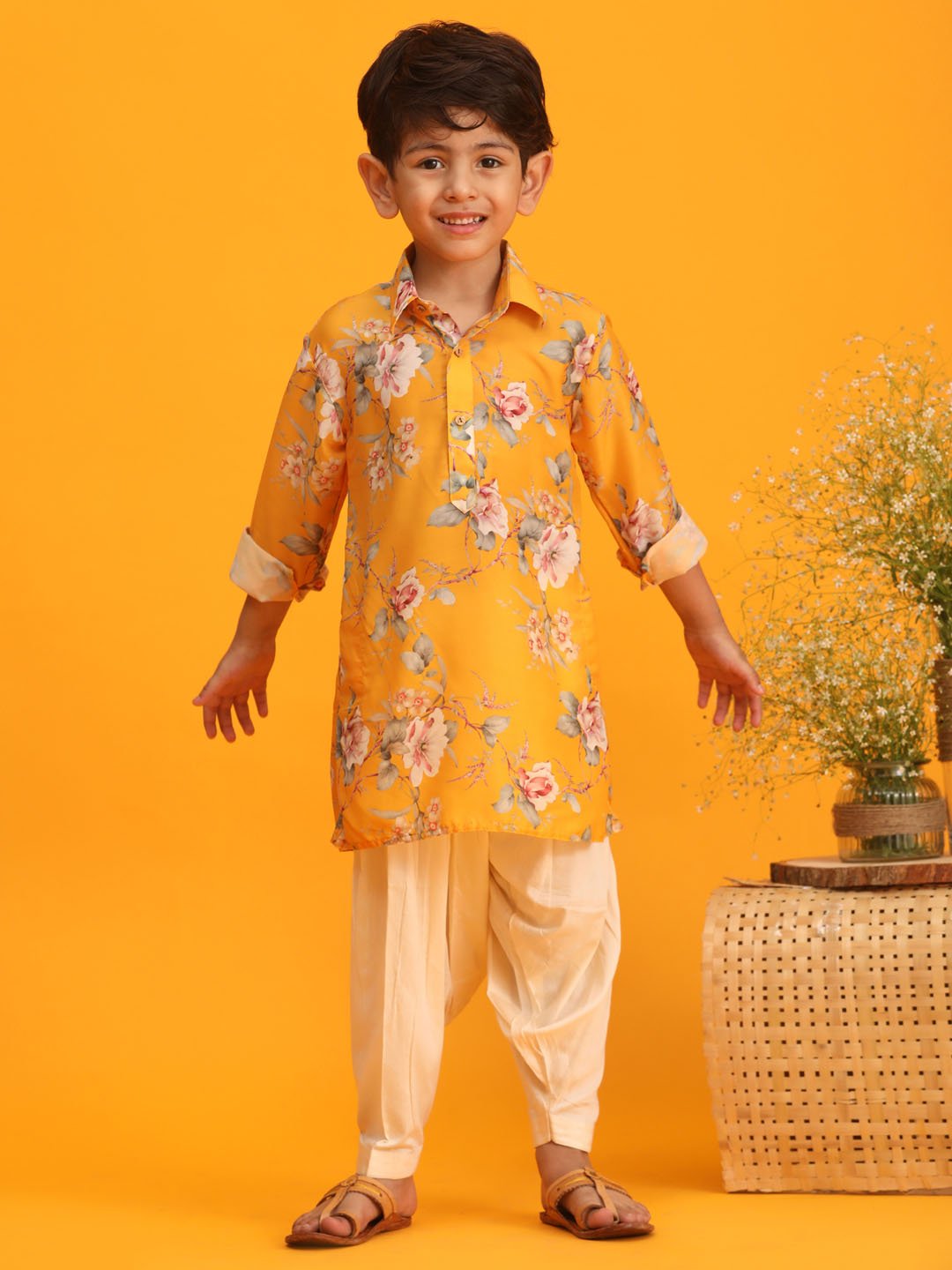 Vastramay - Boys' Multicolor Base Yellow Kurta Patiala Set